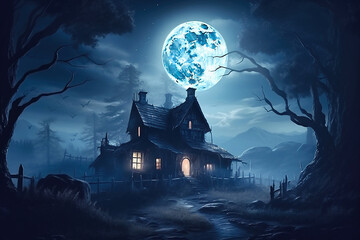 Halloween pumpkins near a tree in a cemetery with a scary house. Halloween background at night forest with moon and bats.