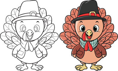 Turkey bird with a hat. Cartoon character. Doodles art for Thanksgiving Day. Coloring book for adults and kids.