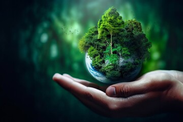 Forest on hand. Concept of sustainability in natural environment is achieved through forest conservation. World Environment Day photo.