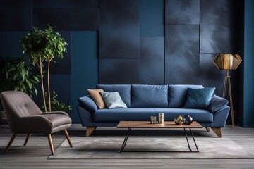 Luxury dark living room interior background, black empty wall mock up, living room mock up, modern living room with gray sofa and black lamp and table, scandinavian style, 3d rendering
