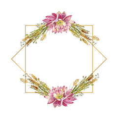 Obraz premium A frame with flowers of water lilies and wild forest grasses. Watercolor illustration on a white background