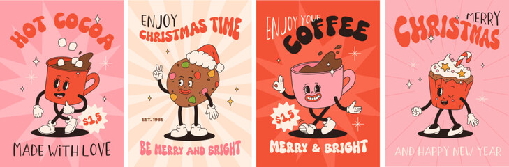 Funny Retro cartoon christmas Character in groovy 50s, 60s, 70s Vintage Style. Happy new year mascot with hot coffee, cocoa, gingerbread, cake, cupcake and cookie. Xmas vintage characters.