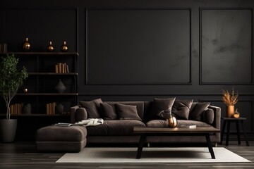 A modern luxury living room with a black sofa, paired with a dark concrete wall that offers a sleek and contemporary vibe.