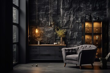 Luxury living room in dark color. Gray walls, warm ligh and lounge furniture - taupe chairs. Empty space for art or picture. Rich interior design. Mockup of a room or hall. 3d rendering - obrazy, fototapety, plakaty