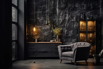 Fototapeten Luxury living room in dark color. Gray walls, warm ligh and lounge furniture - taupe chairs. Empty space for art or picture. Rich interior design. Mockup of a room or hall. 3d rendering © Azar