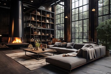 Modern luxury living room interior background, living room interior mockup, interior with black walls, dark interior of living room with black wall, chair, and wooden console,.