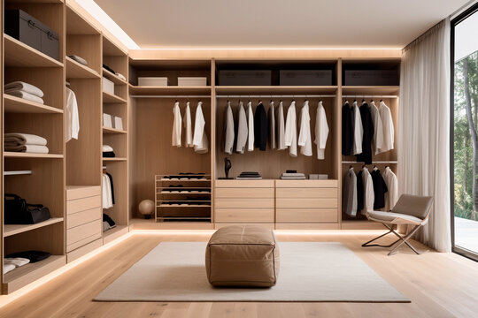 Minimal scandinavian wood walk in closet with wardrobe