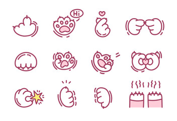 Set of cat paws. Cute various animal paw gestures. Cute cats paws. Cute cats paws. Paw heart, middle finger, review, rating, like, dislike. Vector illustration in linear style. Vector illustration © Lyona