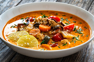 Tom Yum soup - Thai soup with chicken breast nuggets and noodles on wooden table
