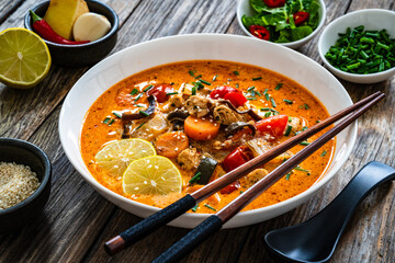 Tom Yum soup - Thai soup with chicken breast nuggets and noodles on wooden table
