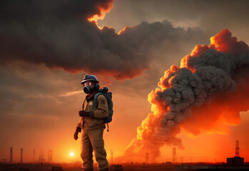 Obraz premium a worker with labor suit and mask in factory with smoke background ai generated