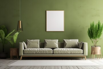 Living room interior with black sofa and empty grey wall