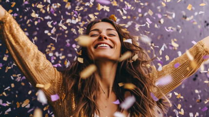 Happy beautiful cheering woman covered by  confetti  - obrazy, fototapety, plakaty