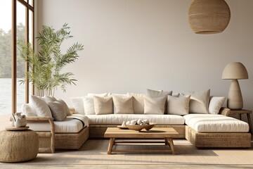 interior of a living room. Loft style sofa and lamp backdrop, wood floor, and wall template.