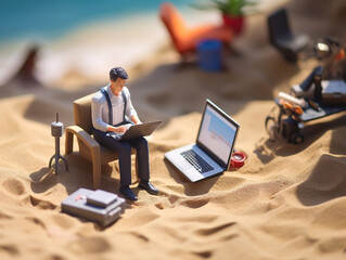 ビーチで働くビジネスマンのジオラマ