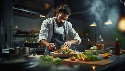 man in the restaurant, Skillful chef expertly preparing a gourmet dish in a modern kitchen, Ai Generate 