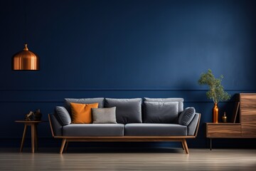 Home interior, modern dark blue living room interior, empty wall mockup, 3d rendering