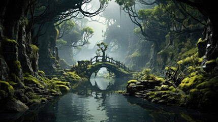 Hyper-realistic depiction of a misty fantasy swamp in spring with twisted trees and moss-covered rocks. - obrazy, fototapety, plakaty