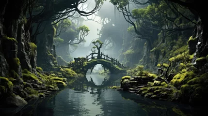 Foto op Plexiglas Hyper-realistic depiction of a misty fantasy swamp in spring with twisted trees and moss-covered rocks. © GraphicsRF