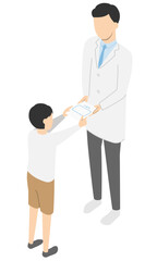 Obraz premium 薬剤師の男性から薬を受け取る男の子2・アイソメトリック