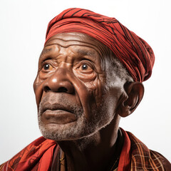 A stoic 95-year-old African man with eyes looking up right, captured in a full head professional studio head shot.
