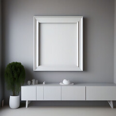 Modern interior with vertical picture frame on the wall. 3d render.