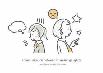 お母さんと娘　コミュニケーション　シンプルでお洒落な線画イラスト