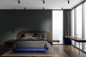 Grey home bedroom interior with bed and work space, panoramic window