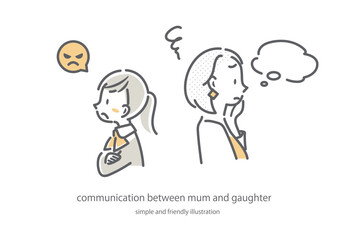 お母さんと娘　コミュニケーション　シンプルでお洒落な線画イラスト