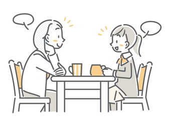 笑顔でおしゃべりをするお母さんと娘　シンプルでお洒落な線画イラスト