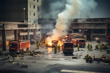 Miniature firefighters battling a raging factory fire with concrete structures and firetrucks.