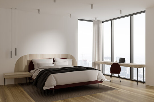 Stylish home bedroom interior with sleep and work zone, panoramic window