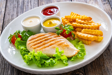 Grilled chicken breast, French fries and fresh vegetables on wooden table
