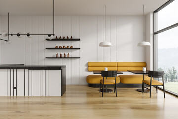 White cafe interior with bar and sofa