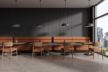 Gray restaurant interior with sofas and chairs