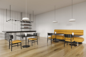 Modern cafe interior with chairs and table, dining space with bar counter