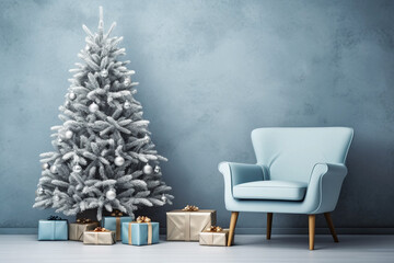 Christmas tree with gifts near chair and  blue textured wall.  Wall scene mockup. Promotion background