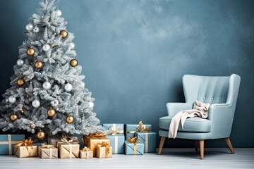 Christmas tree with gifts near chair and  blue textured wall.  Wall scene mockup. Promotion background