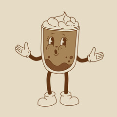 Retro poster with coffee mascot, cartoon characters, funny colorful doodle style characters, cappuccino, cocoa, latte, espresso. Vector illustration on beige isolated background.