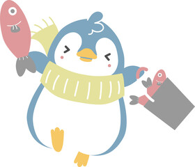 happy valentine's day with penguin and fish, love concept, flat png transparent element character design