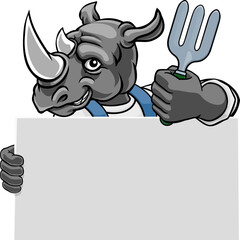 A gardener, farmer or handyman rhino cartoon mascot man holding a gardening tool