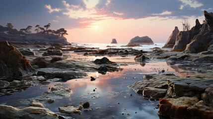 Fototapeta na wymiar Pink hues paint the sky as tide pools shimmer, reflecting the first light, with kelp and seaweed strewn about.