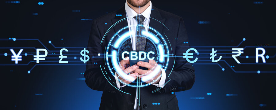 Businessman with phone, CBDC glowing hologram with currency symbols in row