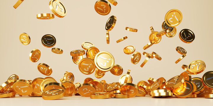 Heap of gold dirham coins falling on beige background