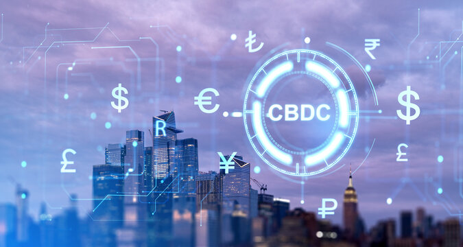 New York skyscrapers and CBDC glowing hologram with countries currency icons - Powered by Adobe