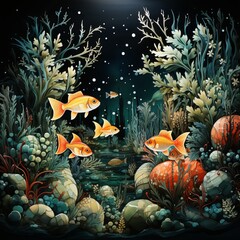 coral reef and goldfish with oxygen bubbles slowly rising, generative ai