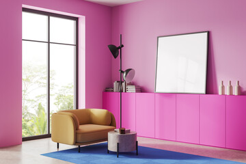 Pink hotel living room interior with relax zone and decoration, mockup frame