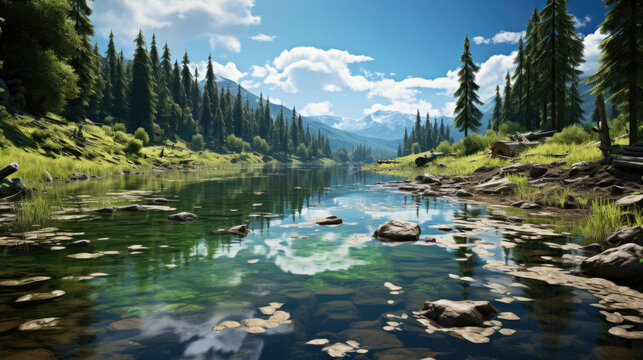A serene taiga landscape dominated by coniferous trees and a reflective lake.