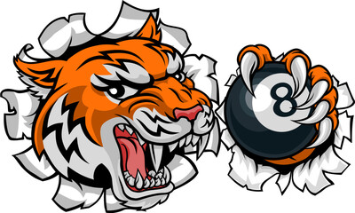 A tiger angry mean pool billiards mascot cartoon character holding a black 8 ball.