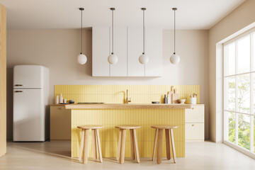 Cozy hotel kitchen interior with bar counter, cooking area and panoramic window